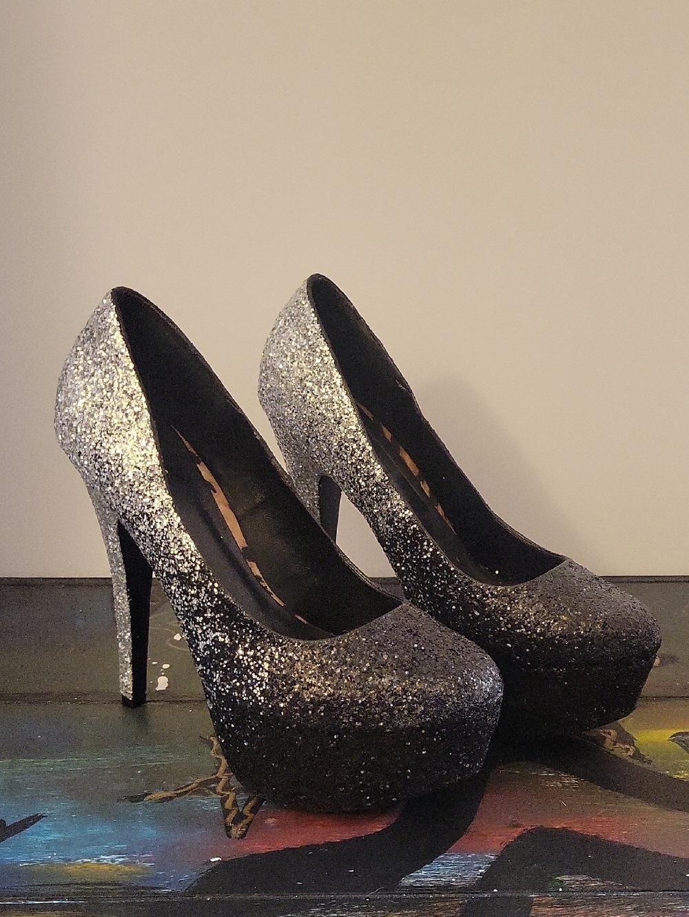 Qupid Black and Silver Glitter Ombre Platform Pumps